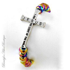 Jesus I Am the Light of the World Cross Dark Ab Faceted Crystal Stretch Bracelet